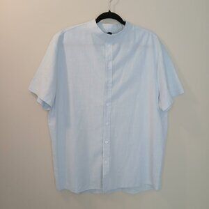 Men's Linen & Cotton Blend Short Sleeve Button Down Shirt Blue Size XL